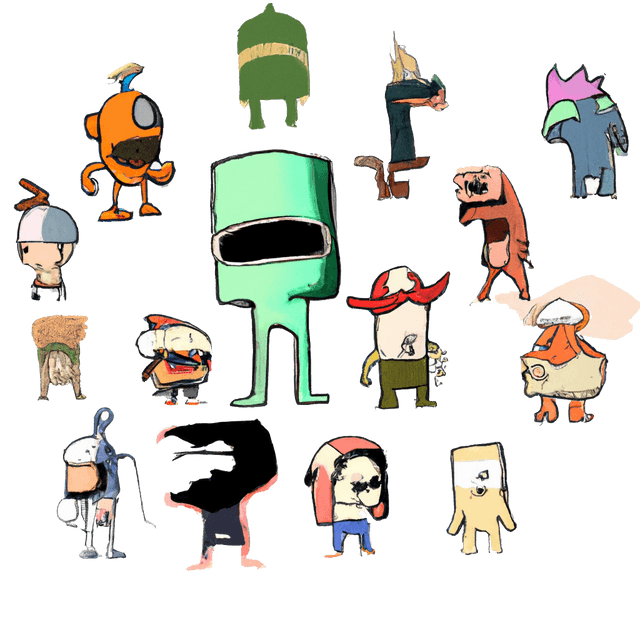 a bunch of random character drawings generated by dall-e artificial intelligence